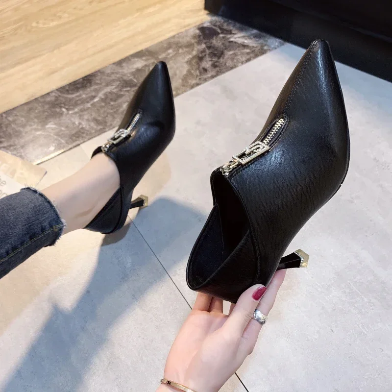 High Quality White Heels 2024 Autumn Zipper Design Womens High Heels Sexy Pointed Toe Commuting Office Shoes for Women