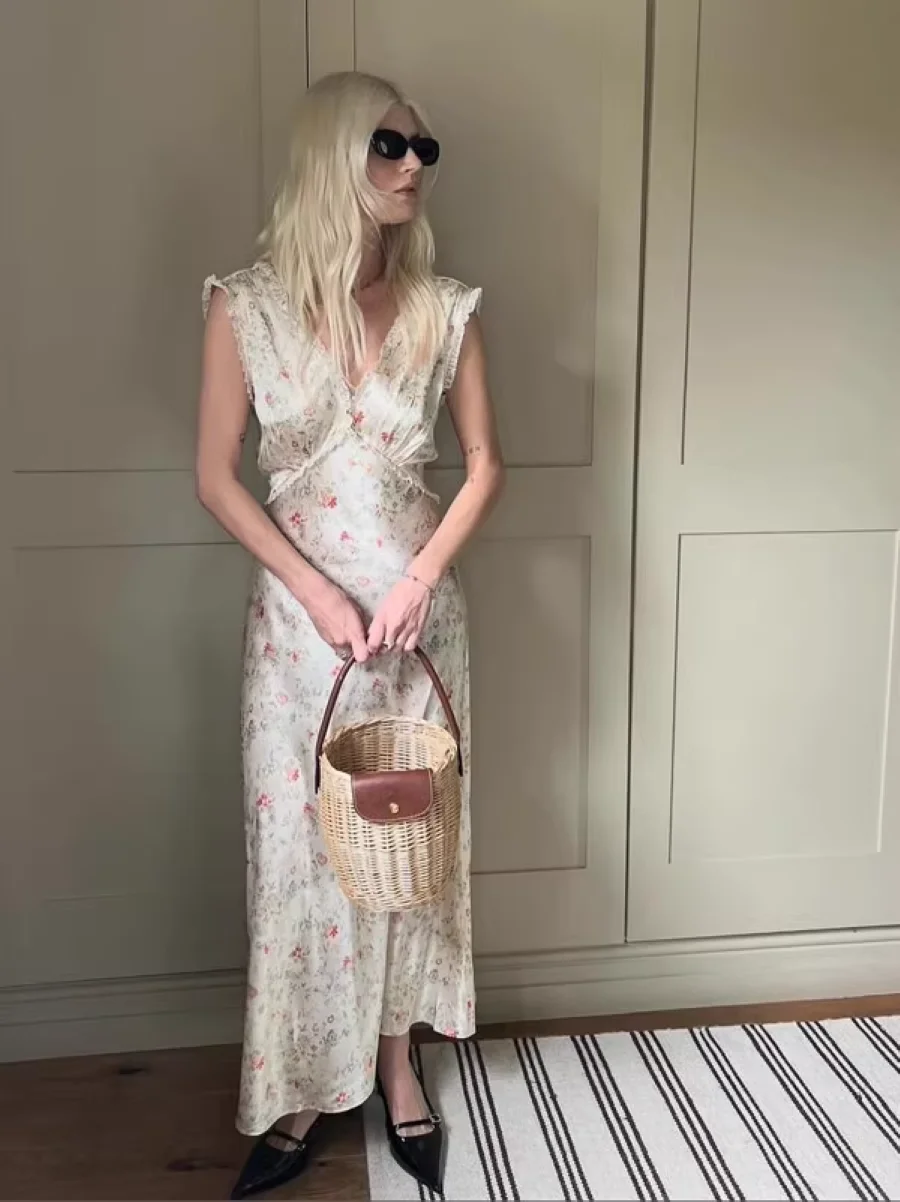 

Летнее женское платье макси из 100% шелка, кружевное платье с v-образным вырезом, без рукавов, на шнуровке на талии, праздничный тонкий халат