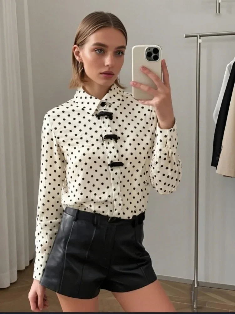 

TaopZa 2025 Women's Blouses Long Sleeve Shirts with Chinese Style Buttons Polka Dot Design and Solid Color Options