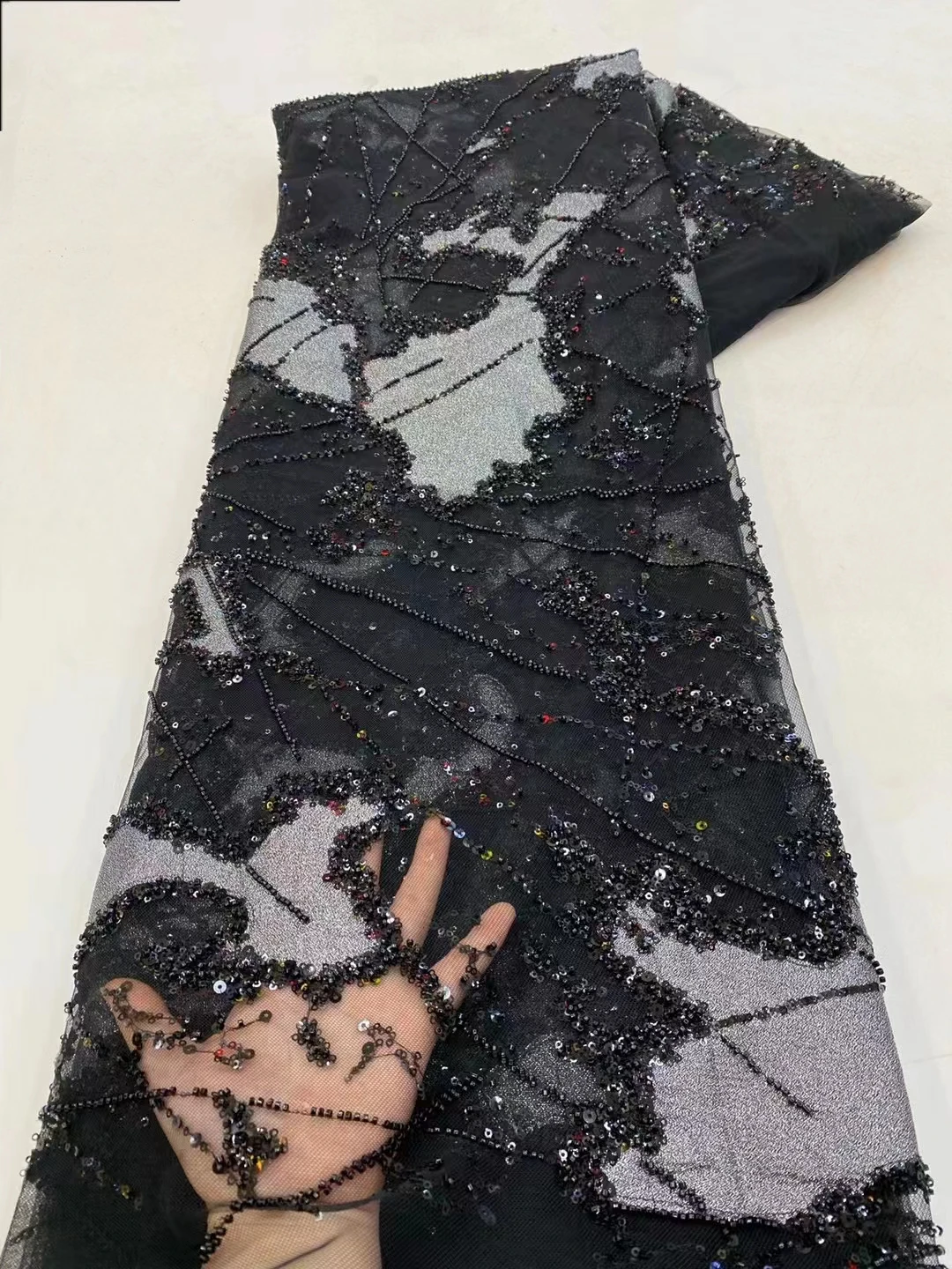 

2023 High Quality African Nigerian Lace Fabric Sequins French Handmade Beads Tulle Lace Fabric For Wedding Party Dress KXX23153