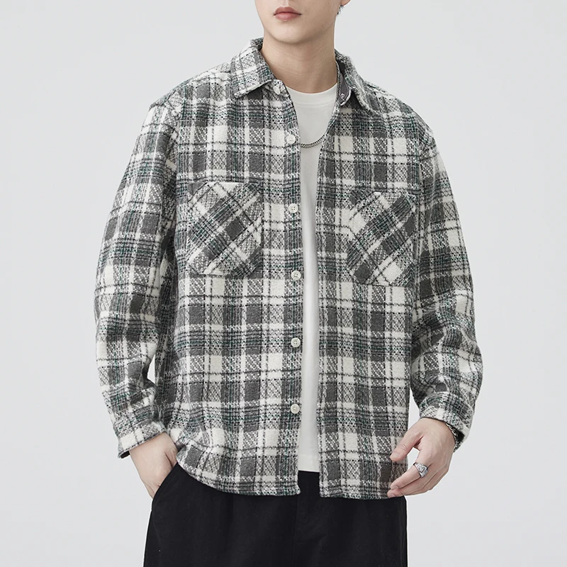 Autumn Thicken Shirt Men Streetwear Fashion Loose Casual Long Sleeve Plaid Cargo Shirts Jacket Cityboy Cardigan Coat Blouses