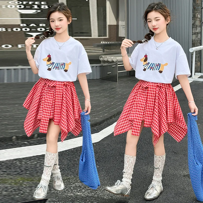 chic teen girl skirts sets cotton Embroidered dog t-shirt+Irregular plaid skirt 2pcs junior kid junior kids suit childoutfits 14