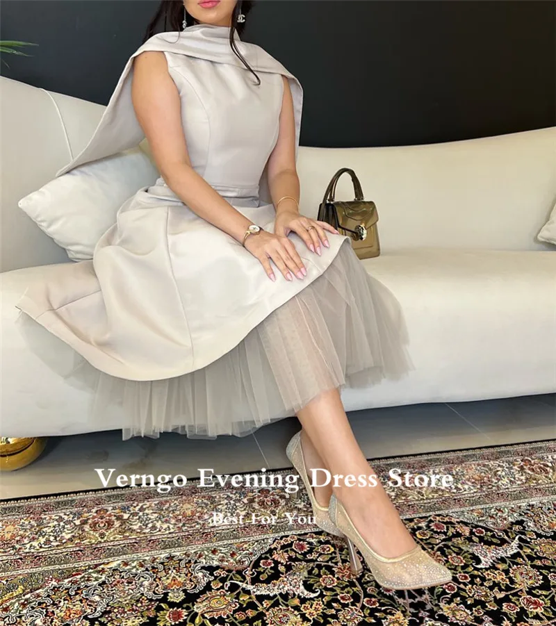 Verngo saudyjskoarabski kobiety formalne suknie wieczorowe na szyję satynowy tiul podkoszulek Tea długość Prom Gownss Vintage Party Dress