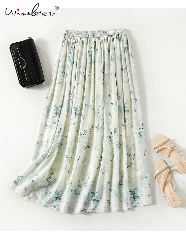 

Winsleter, 100%Real Silk Elegant Skirts, Women Elastic Waisted Floral Print, Commute Fashion Skirt, 2024 Summer Autumn B46825QM