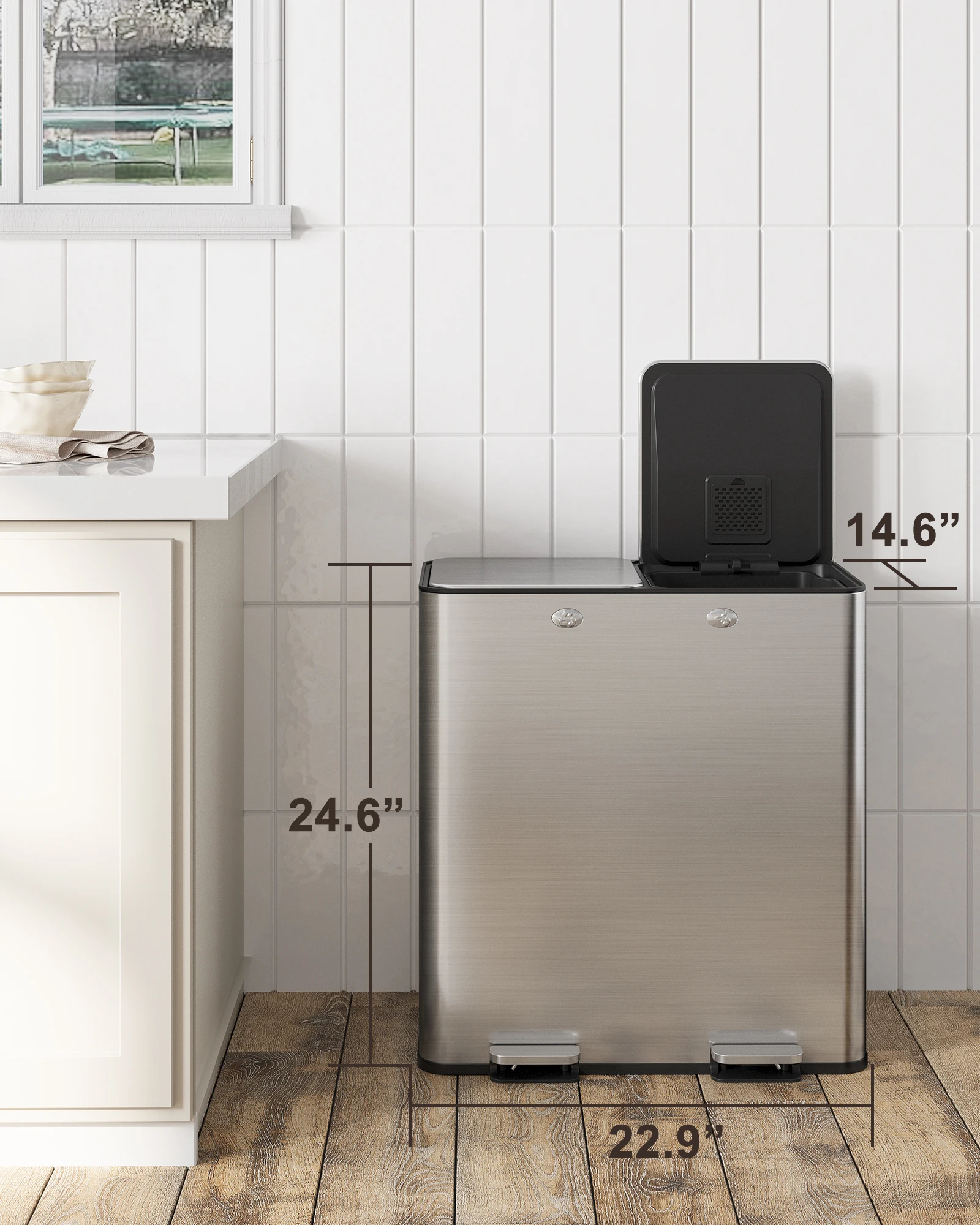 Stainless Steel Dual Compartment Trash Can & Recycling Bin - 8 Gallon (30L) x 2, Soft-Close Lid & Step-On Pedal, Removable Plastic Inner Buckets, Modern Silver Kitchen Waste Bin for Home/Office