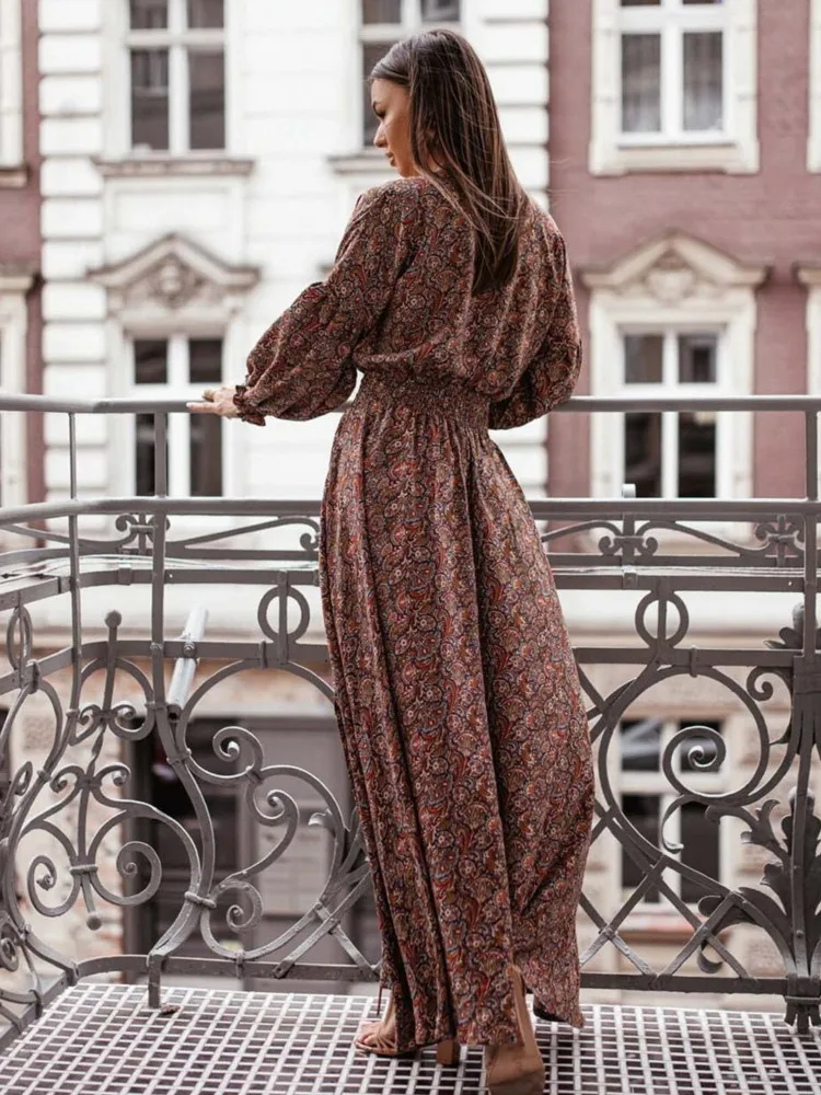 Sukienka damska z modnym nadrukiem, wiosenna, z długim rękawem, dekolt w serek, seksowna, z rozcięciem, długa, damska, elegancka, boho, w kwiaty, Vestidos, jesień 2025