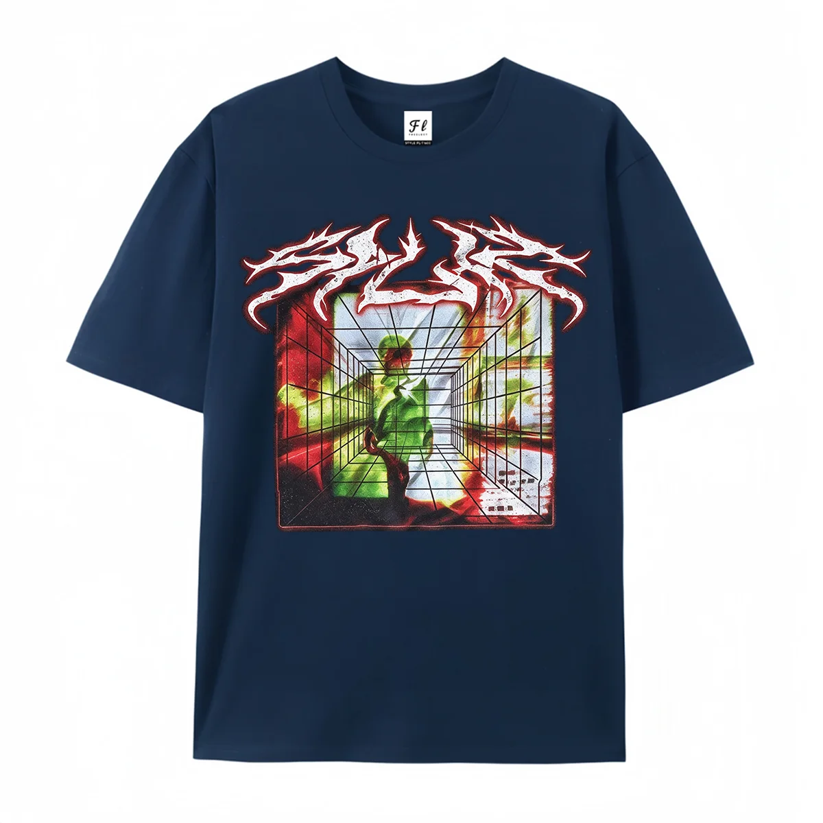 Y2K Distorted Grid Surreal Figure Graphic T-Shirt Grunge Metal Flame Text Tee Cyber Glitch Art Unisex Black Short Sleeve Shirts