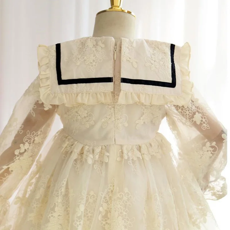 Girls Princess Mesh Dress Children Long-sleeved Lace Gown New Children\'s Sweet Bow Dresses Girl Birthday Party Tulle Dress