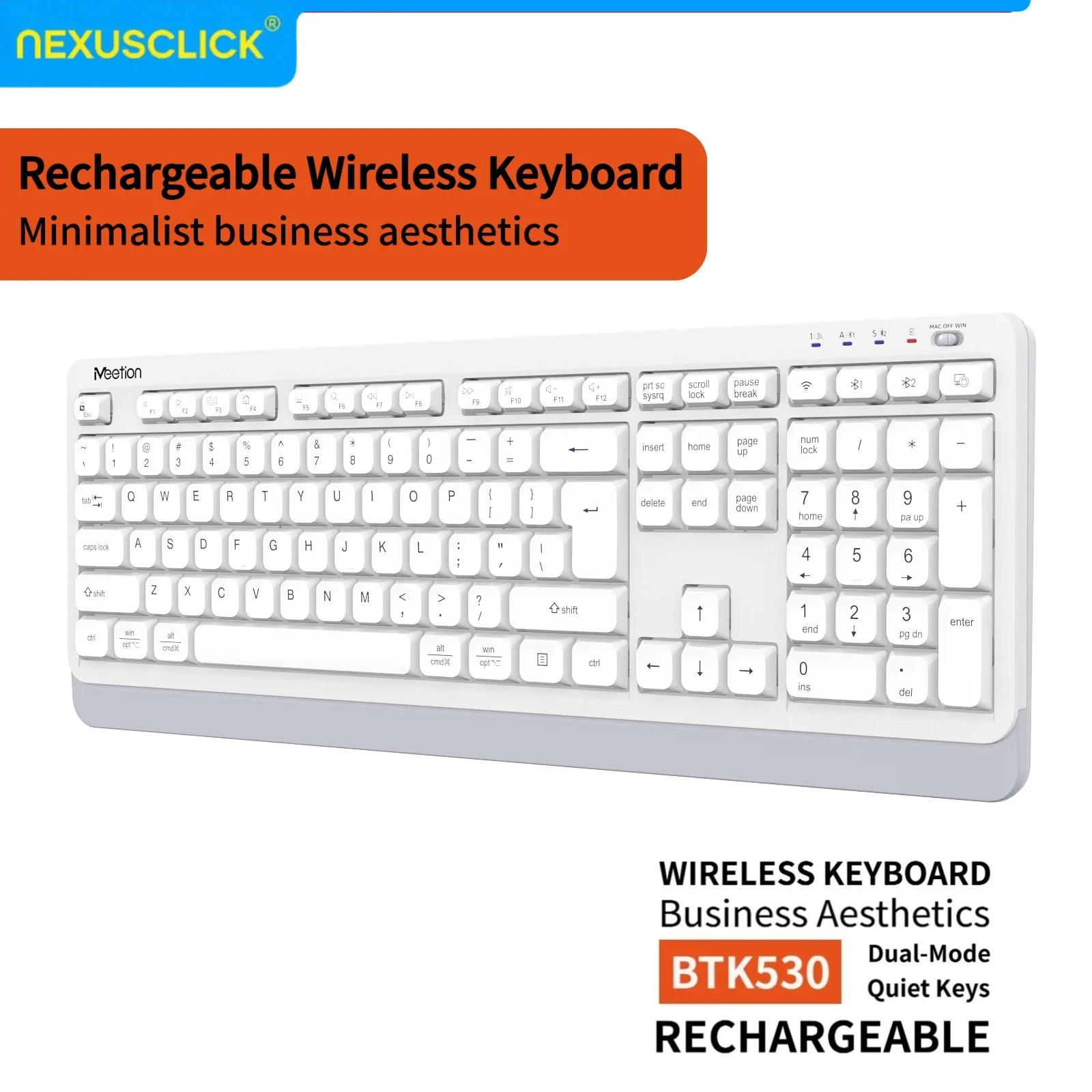 NexusClick Dual Mode 2.4G Wireless Bluetooth Low Profile Keyboard Rechargeable Full Size Ergonomic Silent Keycap for Home Office