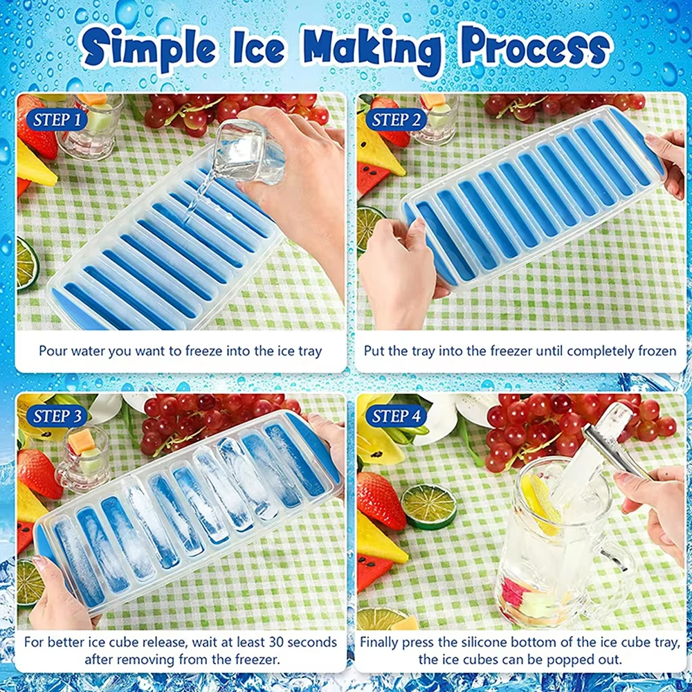 Long Strip Shape Silicone Ice Cube Mould Pop Out Plastic Ice Cube Tray With Lid Reusable Ice Stick Tray Easy Release Bar Kitche