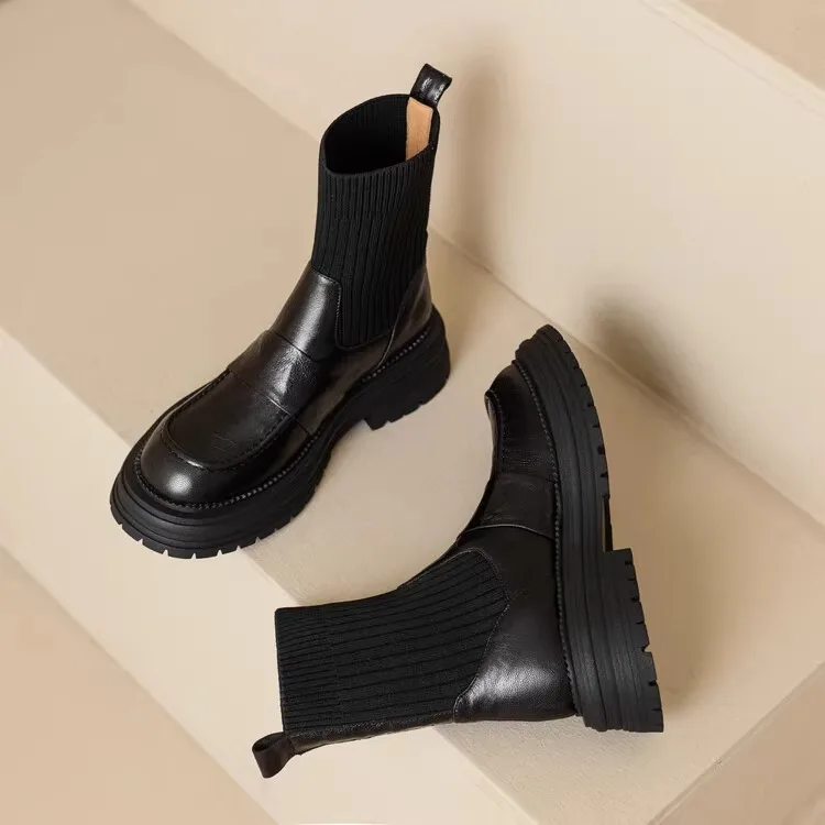 Boots Socks Heels Winter Shoes For Women Round Toe Chelsea Stockings 2024 Rubber Ladies Med Ankle Autumn Rock Microfiber Slip-O