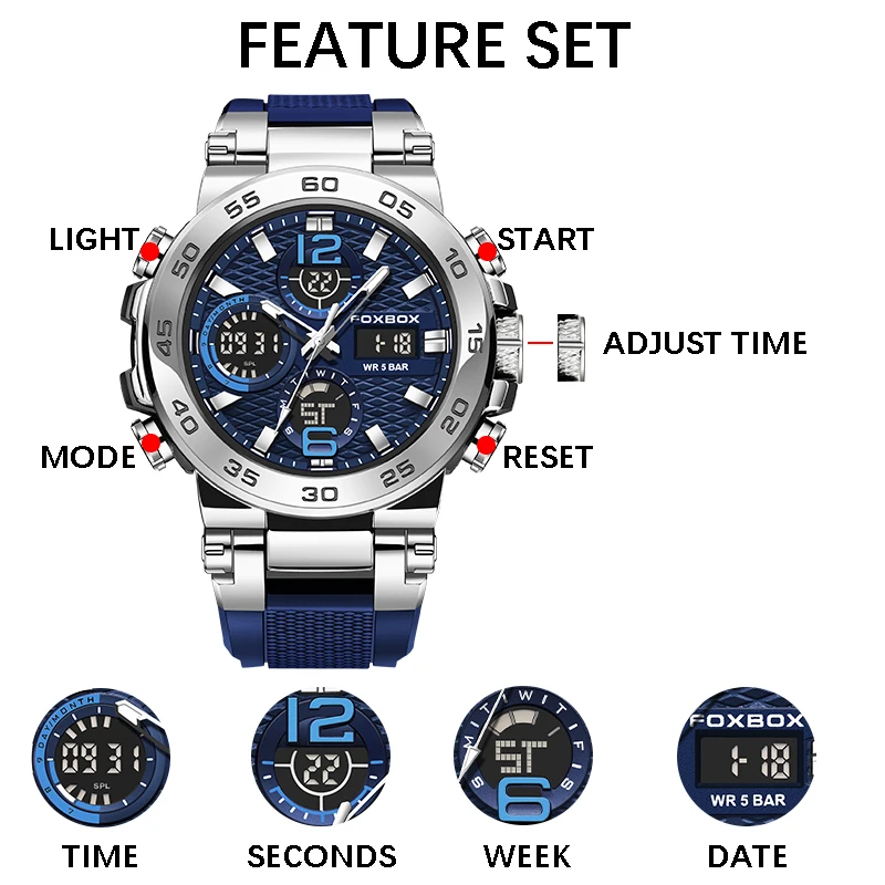 FOXBOX Fashion Analog Digital Men Watch Sports Style Men\'s Watch Waterproof 50M Durable Alloy Case Dual Display Men WristWatches