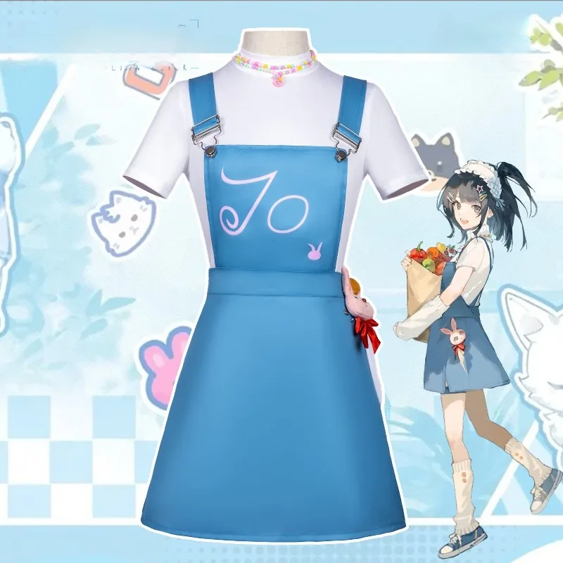 

Jo Costume Anime Link Click Cosplay White Short Sleeves Blue Overalls with Accessories Full Set for Women Theme Party