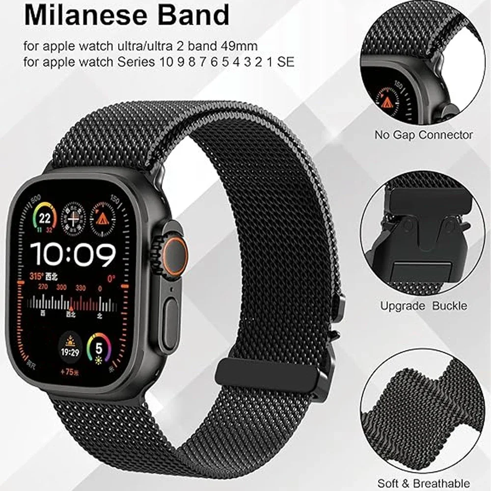 Milanese Loop Strap for Apple Watch Ultra 2 Band 49mm 45mm 46mm 44mm 42mm 41mm 40mm 38mm Bracelet IWatch Series 10 9 8 7 6 5 SE