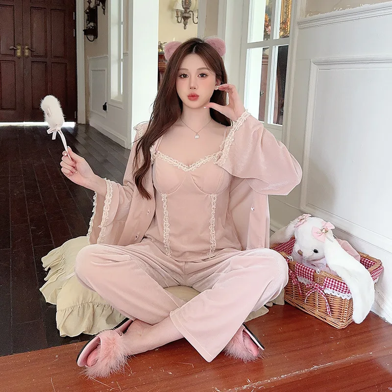 

New Autumn Winter Velvet 3PCS Pajamas Set Sleepwear Sexy Lace Trim Women Kimono Bathrobe Gown Loose Casual Pijamas Suit Homewear