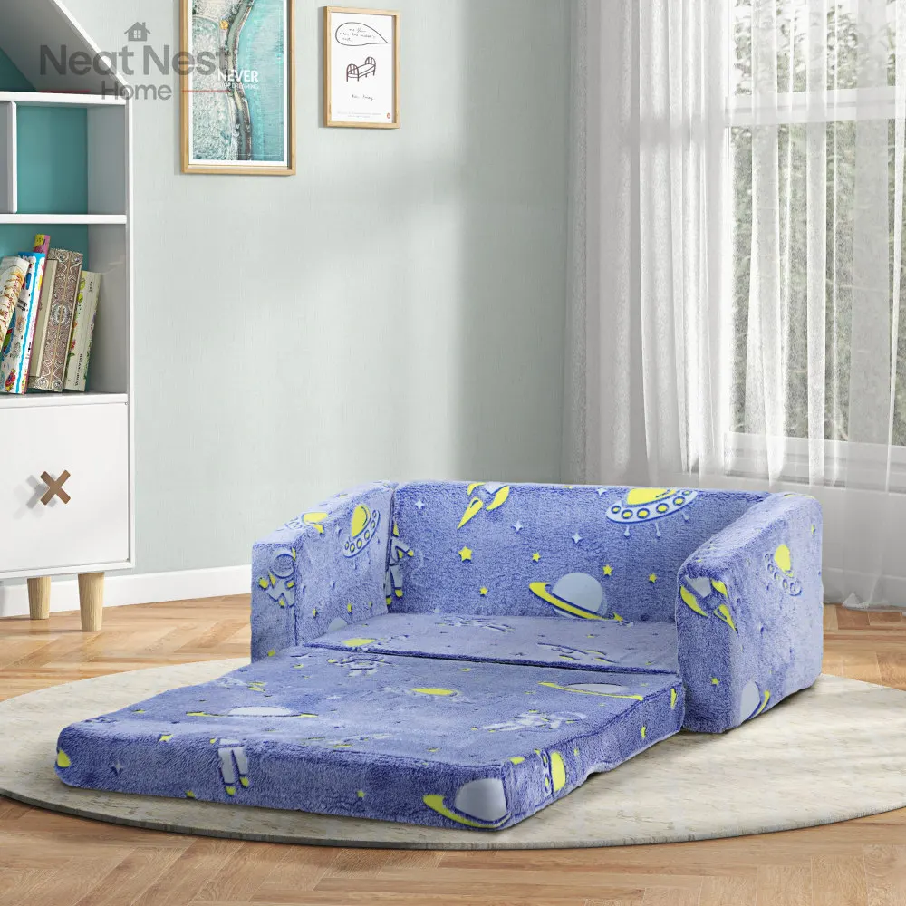 

2 in 1 Kids Sofa Chair, Toddler Couch with Glow in The Dark Cosmic Patten, Washable Cover, Fold Out Convertible Sofa, Blue