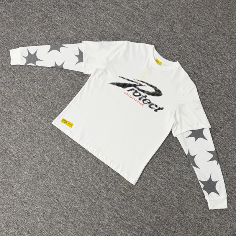 Streetwear Fake Two Piece Protect Long Sleeve T-Shirts Star Graphic Letter Print Loose Casual Man Woman Tops