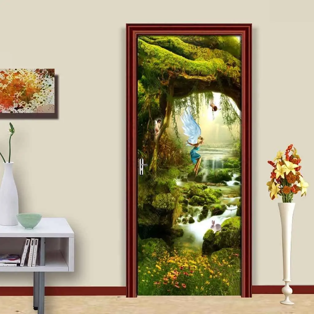 

Psychedelic Forest Waterfall Door Stickers Forest Creek Door Stickers Mountain And River Mural Posters Wallpaper Decoration