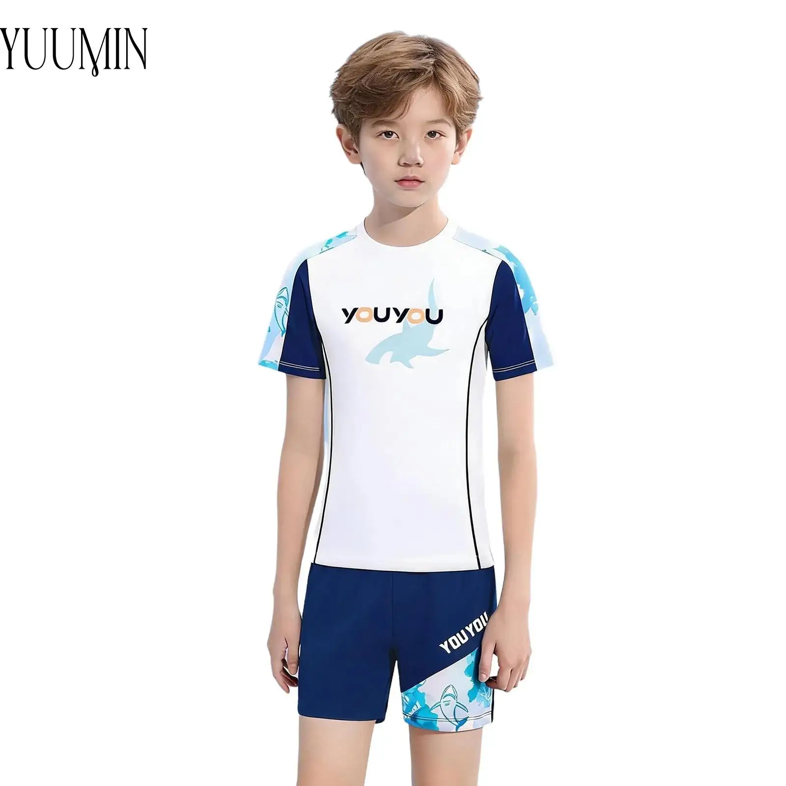 Kids Boys XL-5XL Plus Size Two-Piece Swimsuit Quick Dry Color Block Swim Set Short Sleeve Top Elastic Waist Shorts