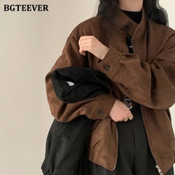 BGTEEVER Vintage Stand Collar Loose Women Basic Jackets Autumn Winter Long Sleeve Zippers Female Coats Stylish Ladies Outwear