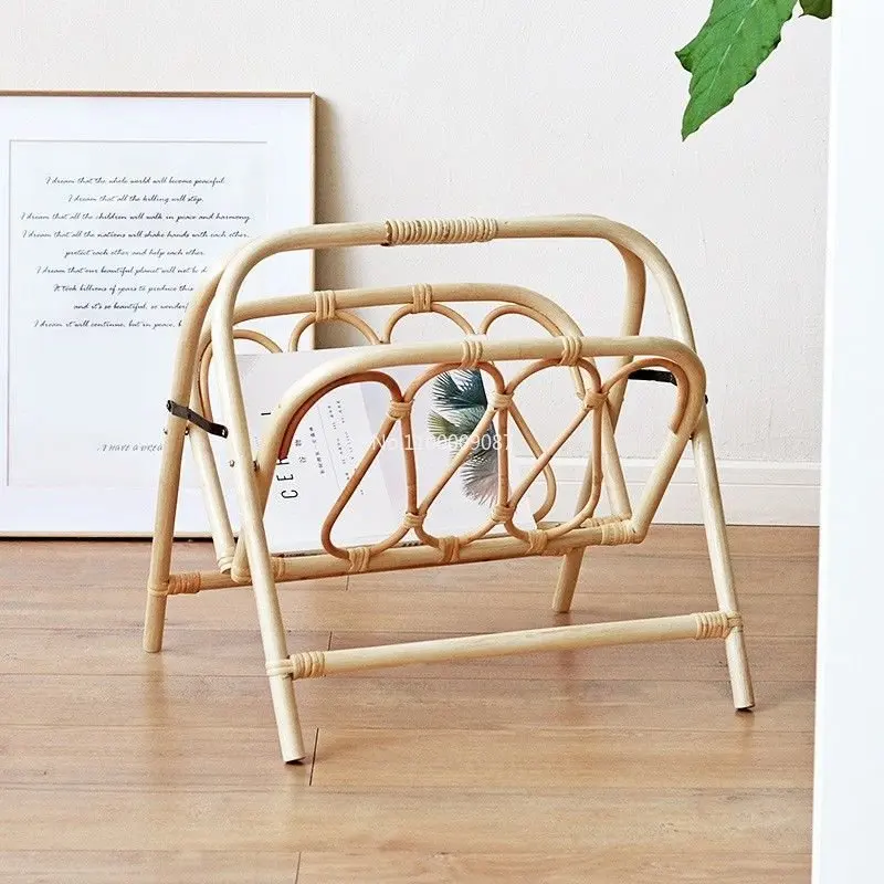 

ins Nordic style simple rattan bookcase magazine rack solid wood hand-woven foldable floor-to-ceiling bookshelf