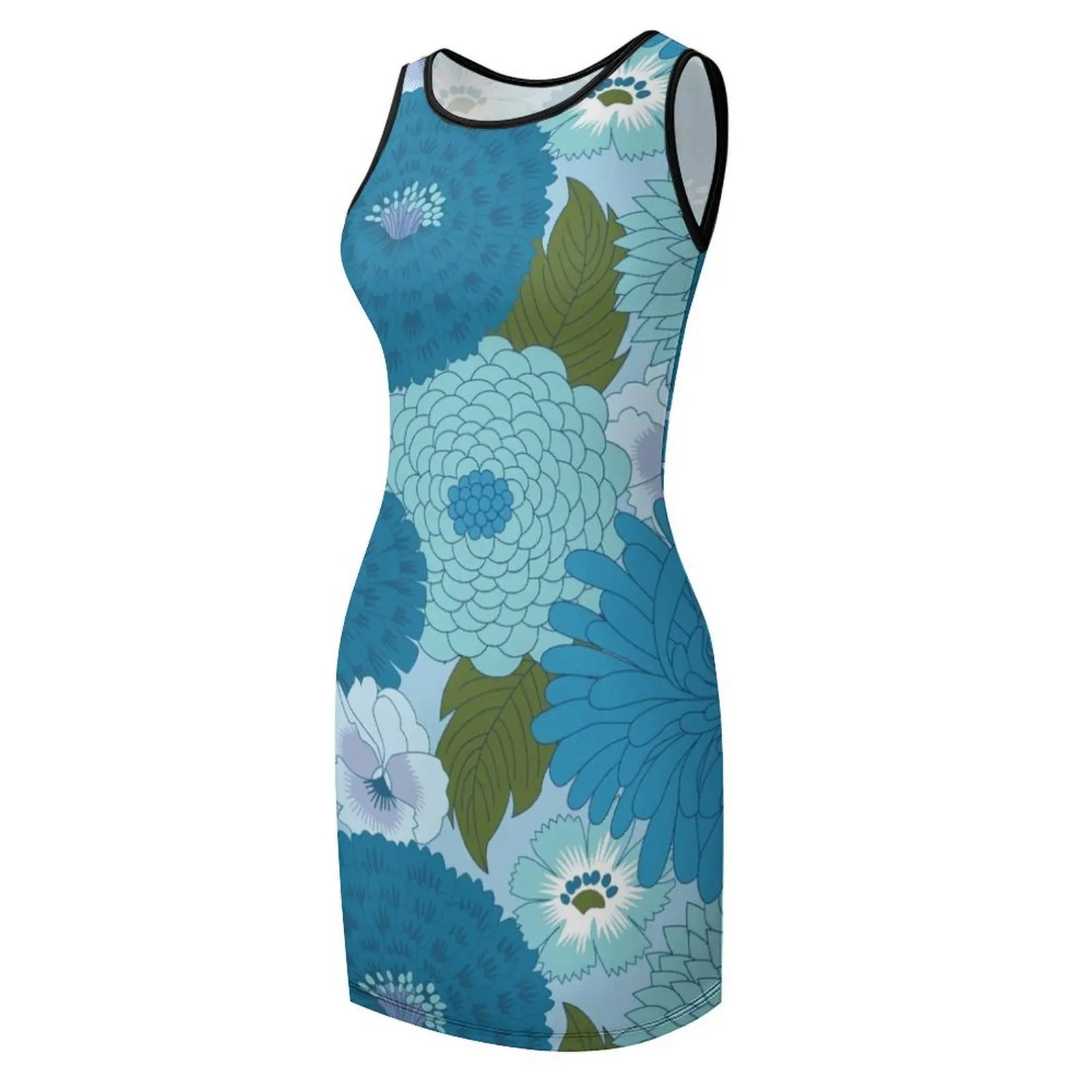 Retro Blue Floral Pattern Sleeveless Sundress evening dresses women Cocktail of dresses party dresses women for prom