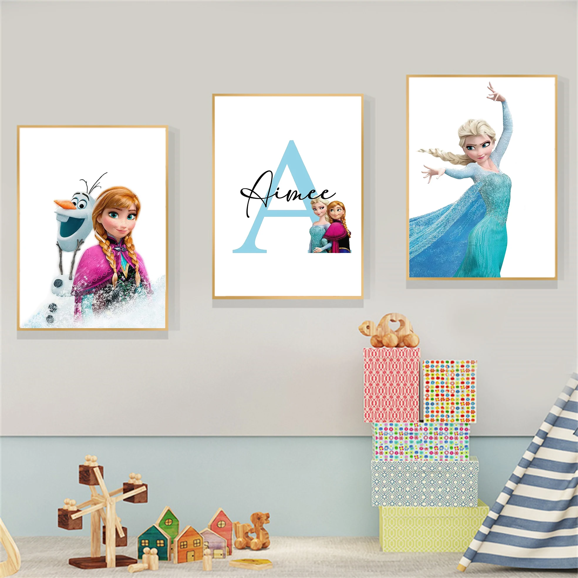 

Set of 3 Personalized Frozen Print Posters Anna, Elsa and Olaf Kids Bedroom Decor Disney Princess Nursery Wall Decor Girls Gift
