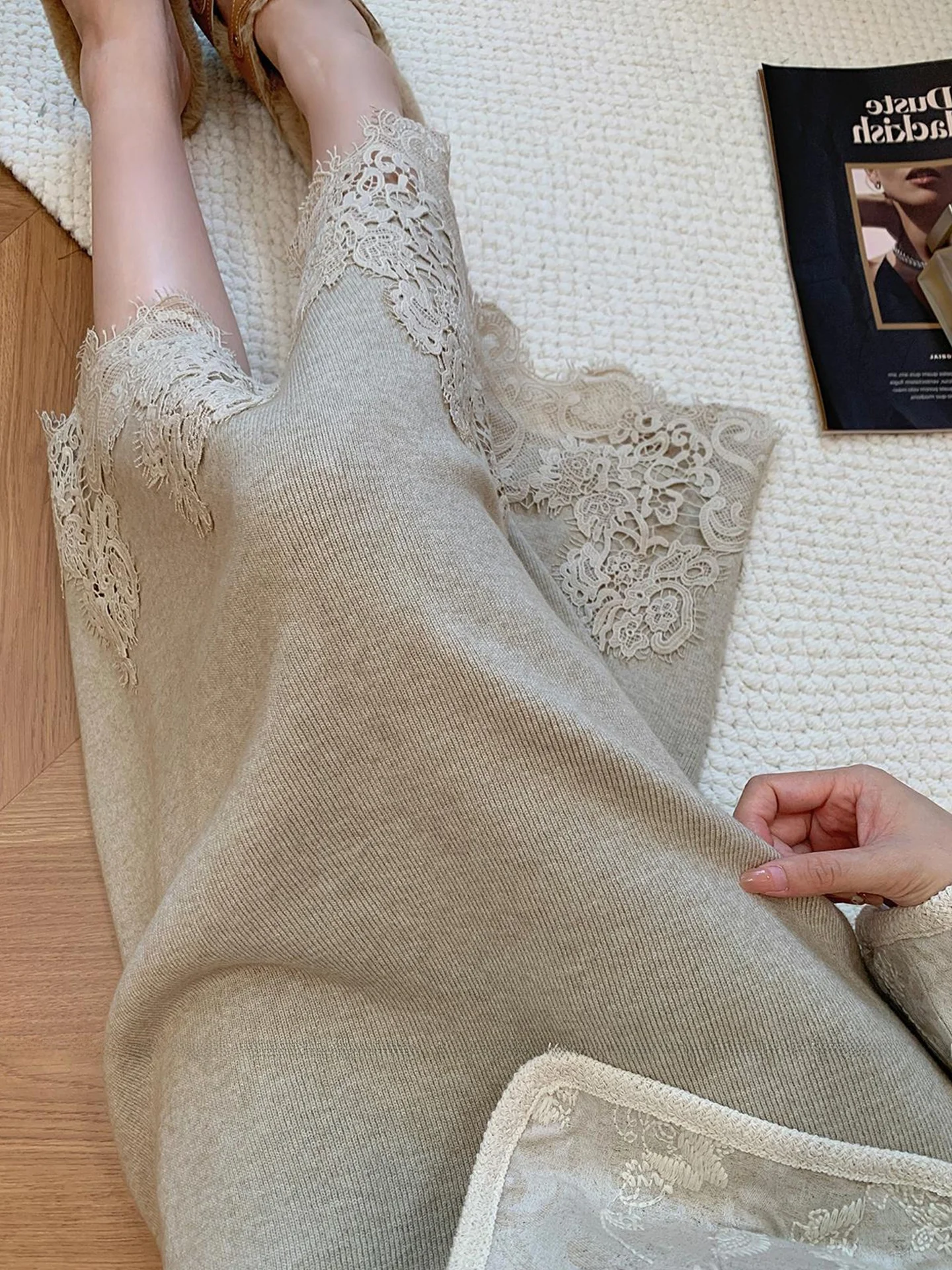 

Ele кружевная лоскутная трикотажная юбка трапециевидной формы для похудения с высокой талией, длинная женская мода, осень 2021, Poetic Lin Commuter Sle