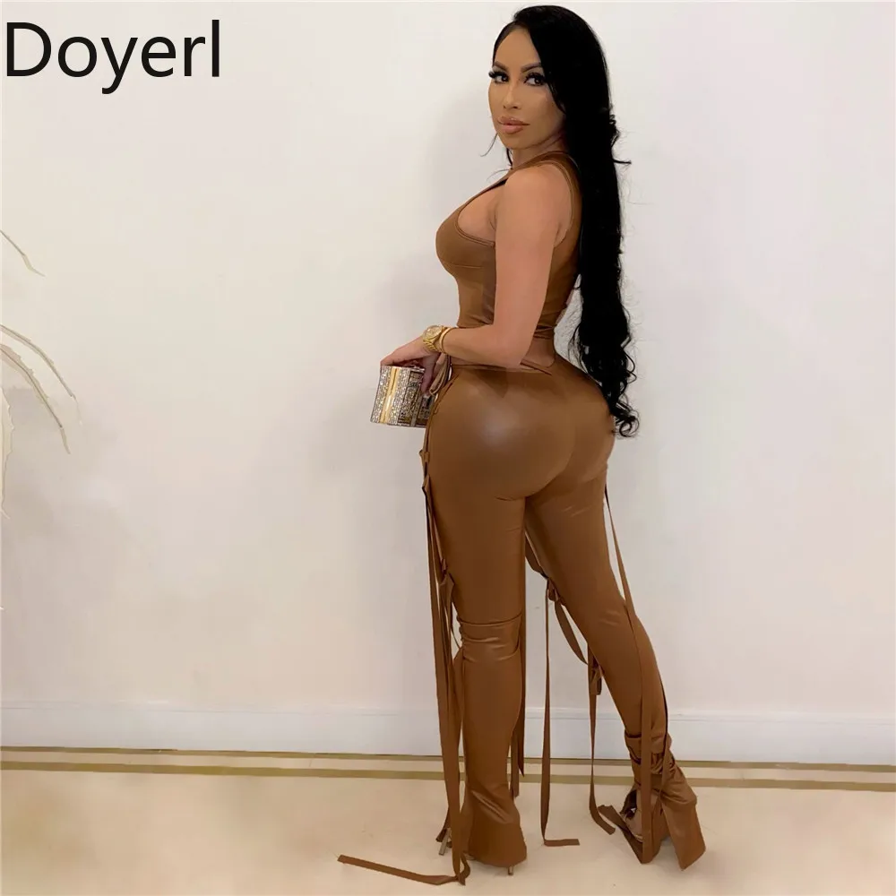 도이어 PU 인조 가죽 투피스 여성 Y2K 파티 나이트 클럽 홀터 크롭탑과 리본 펜슬 팬츠 매칭 세트 레이브
