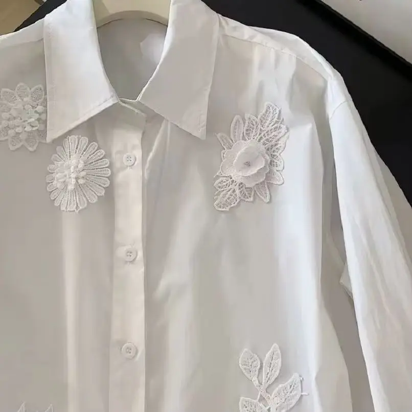 Высококачественные свободные повседневные хлопковые рубашки с цветочной строчкой, блузки для женщин, весна 202, однобортные белые топы с длинными рукавами, Blusas