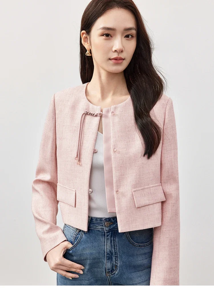 SENTUBILA Chinese Style Jackets Women 2025 Spring Pink Elegant Cropped Round Neck Long Sleeve New in Coats & Jackets 151W58685