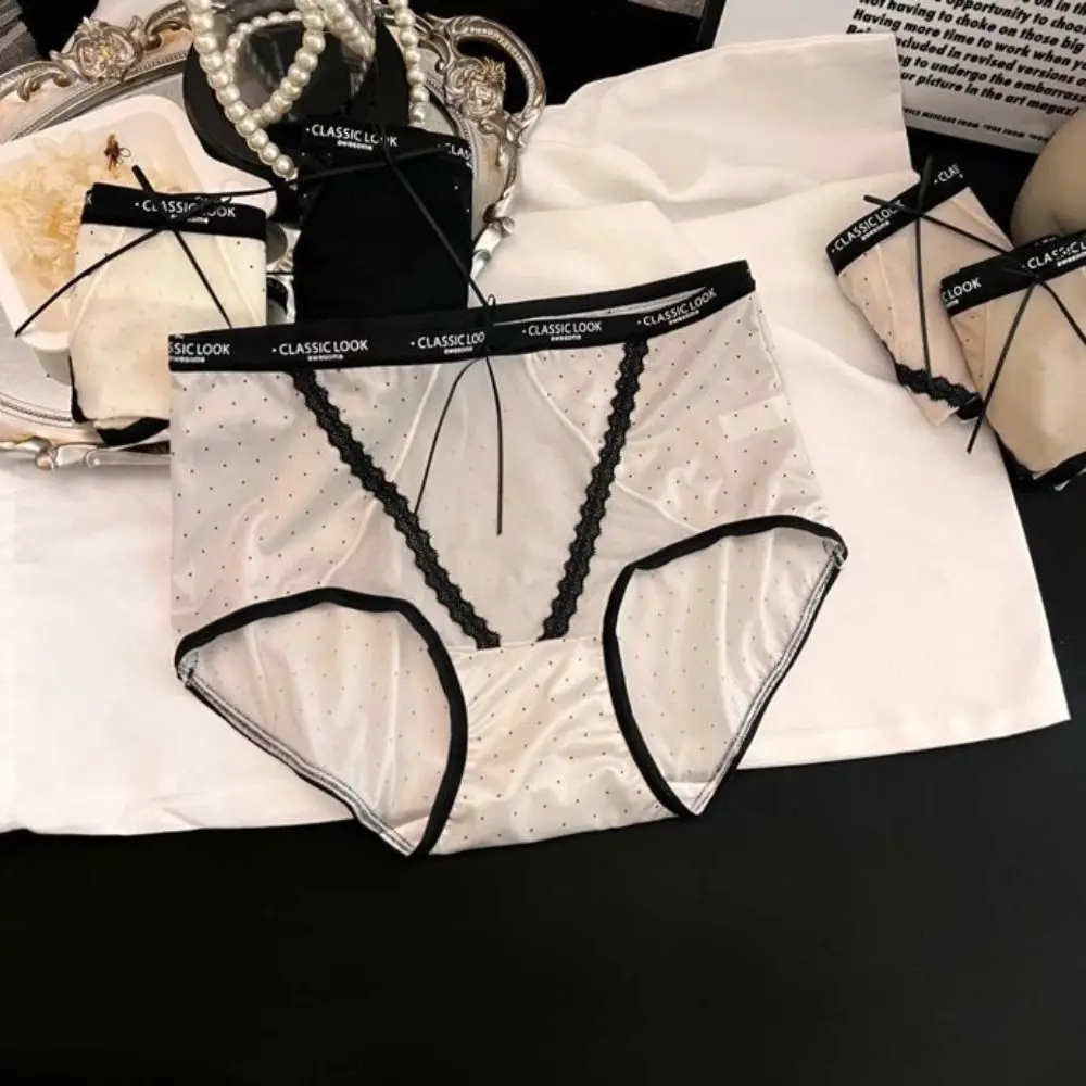Light Thin Mesh Women's Underwear Bow Hollowed-out Wave Point Underpants Satin Seamless Briefs Daily