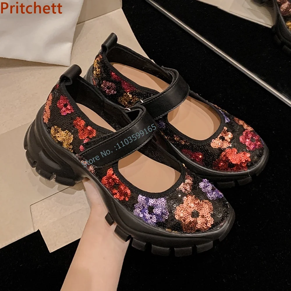 

Mixed Color Bling Ballet Pumps Thick Soled Round Toe Flower Hook&loop Summer Light Color Fashion Dress Shoes Comfortable