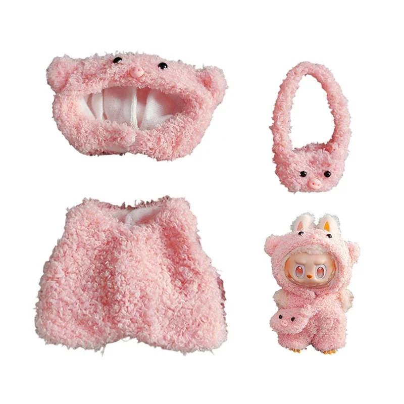 

17cm Labubu Doll Clothes Set Cute Pink Plush Hoodie Vest Bag Outfit for V1 V2 Idol Plush Doll DIY Changing Clothes Kid Gift