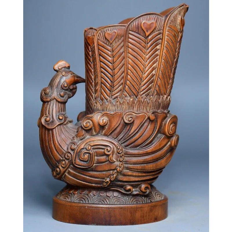 

5.1" Collection Chinese Box-wood Carving Auspicious Animal Phoenix Cup Statue Craft Gift Decoration Home Decore