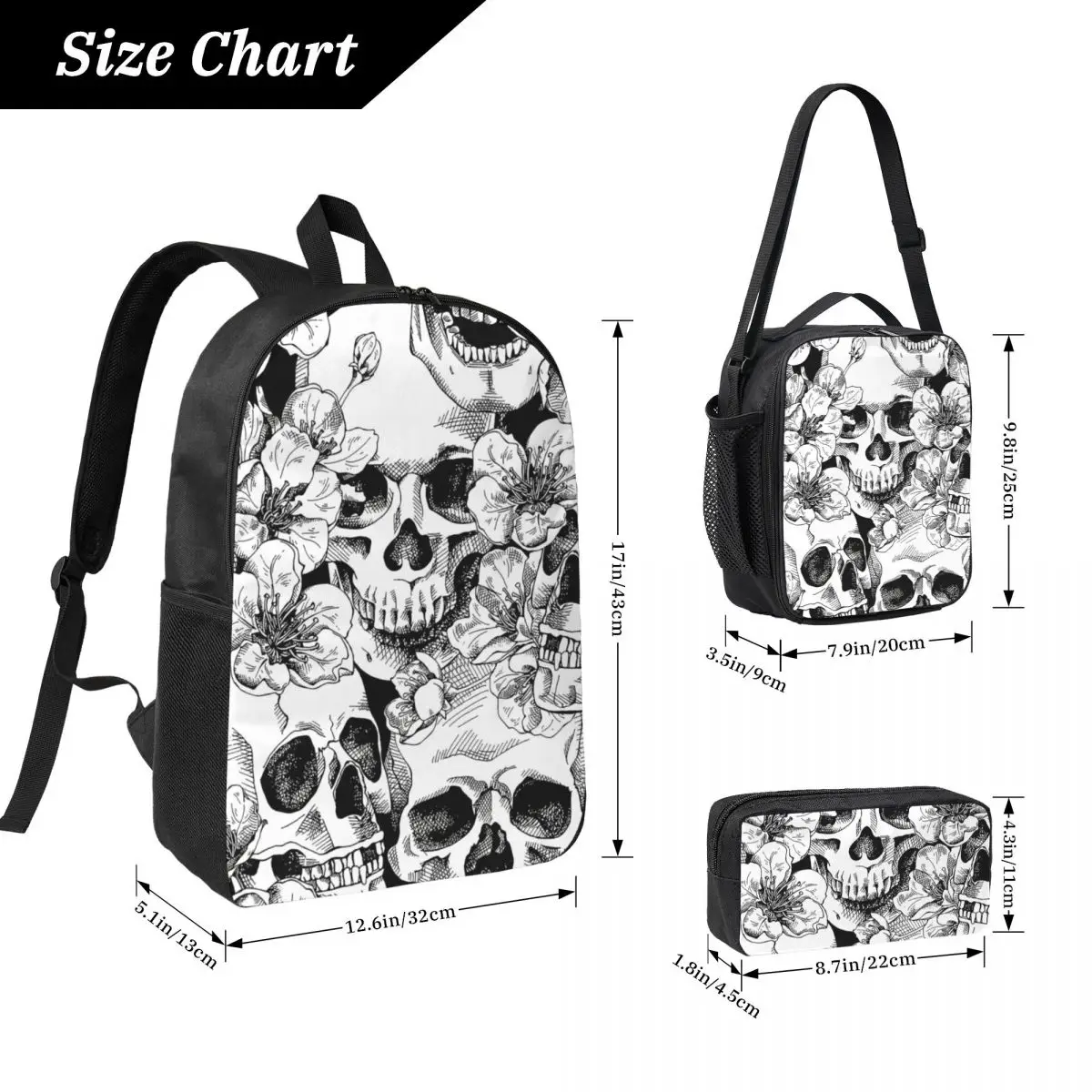 Gothic Skull Pattern Backpack Student BookBag School Bag Laptop Shoulder Bags 3ps Insulated Lunch Bag Pencil Case