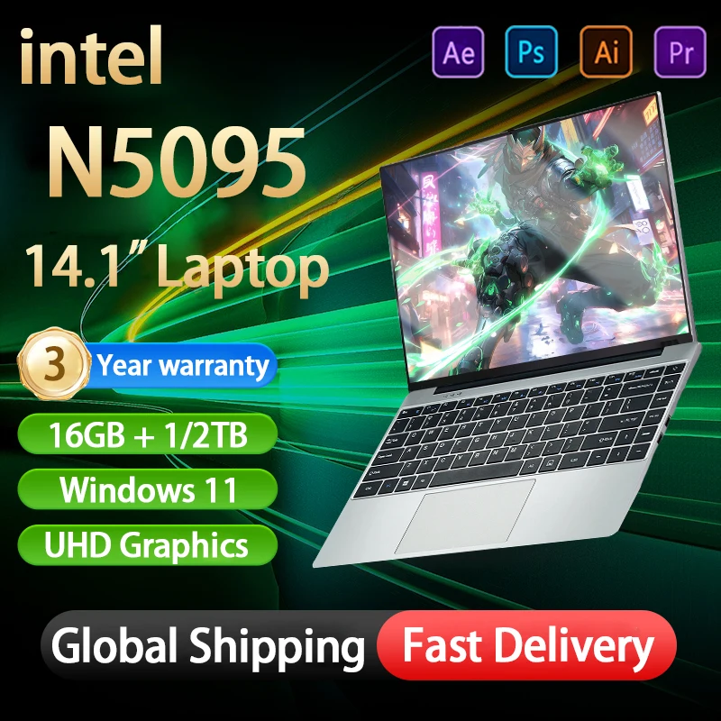 

14,1-дюймовые ноутбуки с Windows 11, Intel Celeron N5095, офисные учебные ноутбуки, игровые компьютеры, 16 ГБ ОЗУ, 1/2 ТБ SSD, 1920*1080P, IPS-ПК