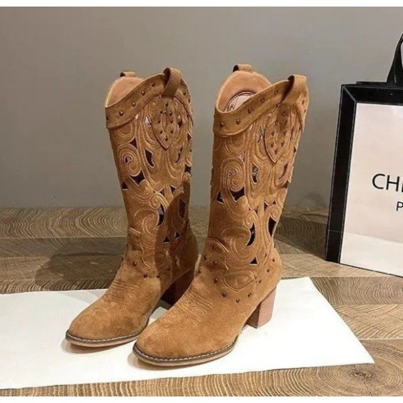 

New Hollow Embroidered Vintage Western Boots Women Autumn Chunky Heels Knee High Cowboy Boots Woman Pu Leather Knight Booties