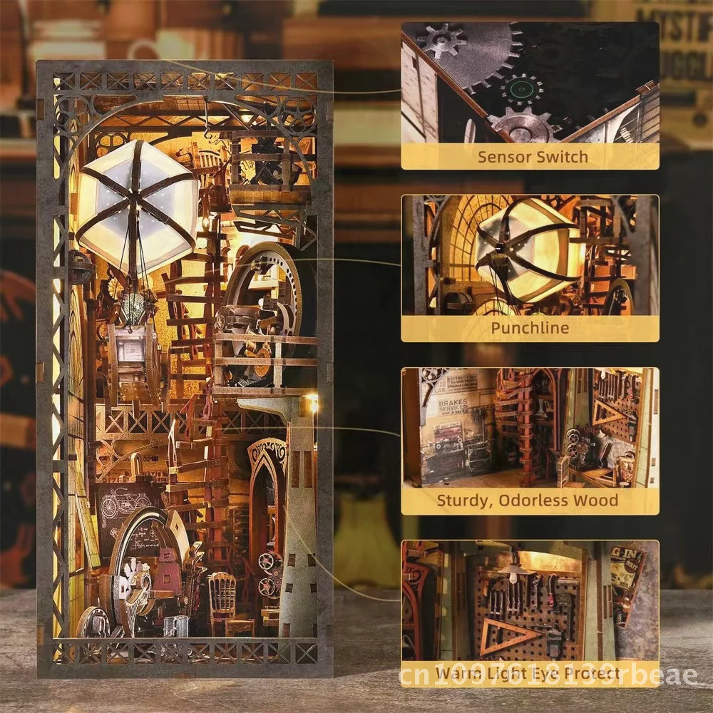 Kit modello di astronave con palloncino in legno fai-da-te Supporto per libro magico retrò Giocattolo di blocchi assemblati fatti a mano per 14 anni in su