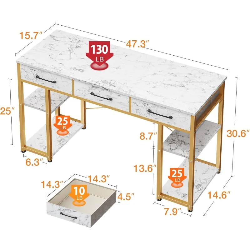 Escritorio de tocador con 3 cajones de tela y estantes de almacenamiento, tocador de maquillaje, para dormitorio, blanco y dorado, 48 x 16 pulgadas (sin espejo)