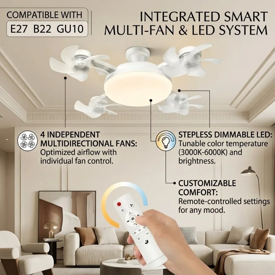3/4 Heads Drone Style 3-in-1 Ceiling Fan Light AC85-265V 3 Color Dimmable E27 E14 B22 GU10 Head with Remote Control for Bedroom