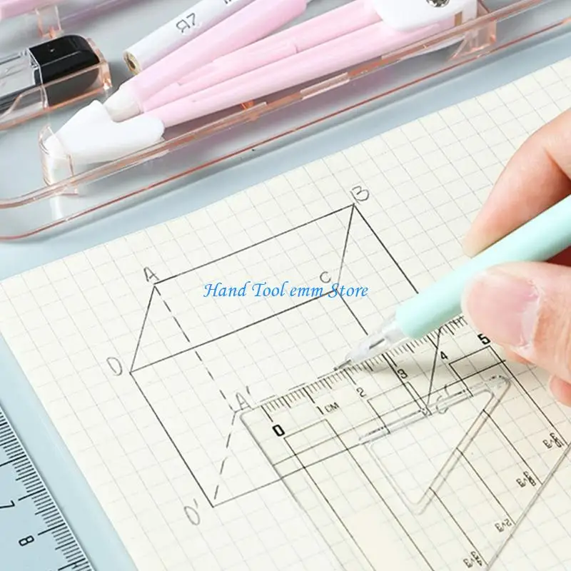 H37F School Geometry Essential Bundle With 9 Safe Plastic Tools, Portable Classroom Supplies For Math And Art Students