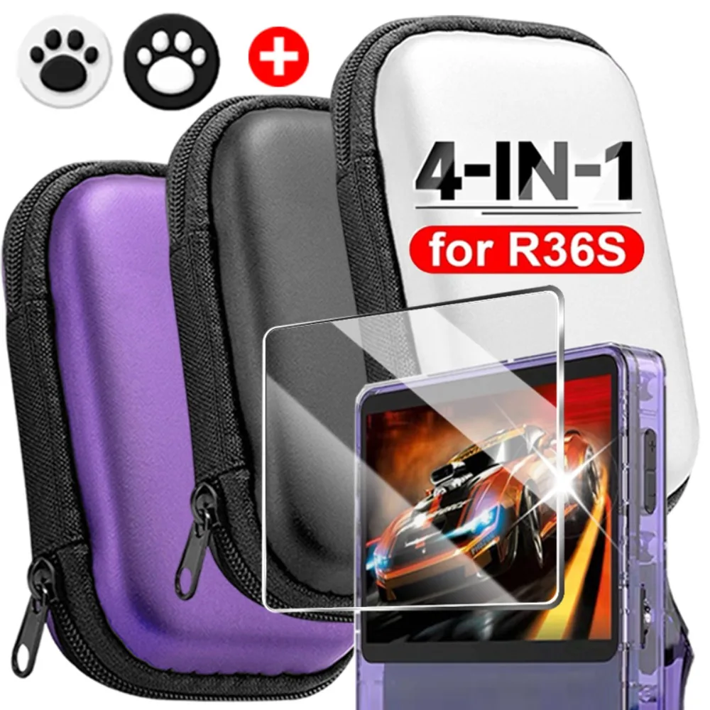 4 IN 1 Case+Glass for R36S Game Console Portable Storage Bag Screen Protector Tempered Glass Film with Joystick Thumb Grip Caps