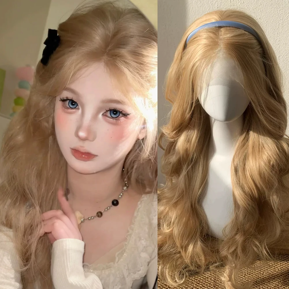 Blonde Lace Synthetic Long Wavy Middle Part Wigs  Lolita Cosplay Fluffy Heat Resistant Wig for Daily Party