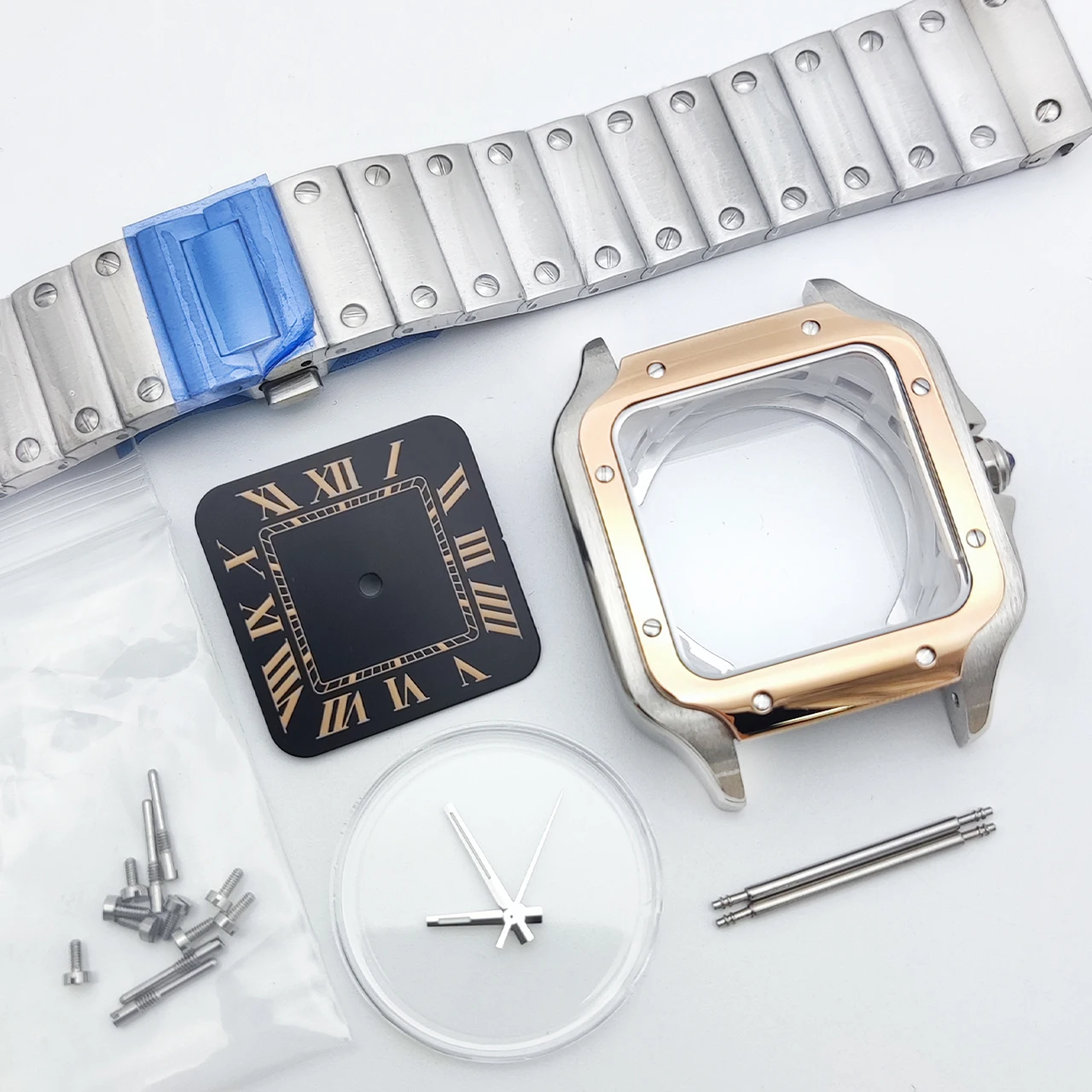38mm Square Rose Gold PVD NH35 Watch Case Set 316L Steel Bracelet Exhibition Back Fits 27mm Dial Luminous Hands Hot Sale DIY Mod