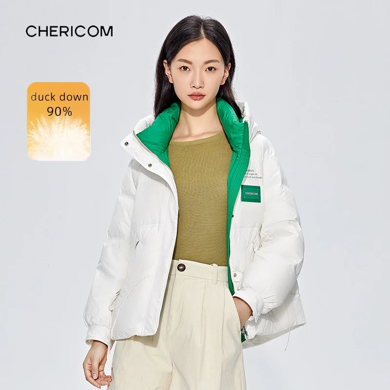 Chericom Damen Winter-Daunenjacke mit Kapuze, kurze Puffermäntel, Farbblock-Spleißstoff, verdickende Outdoor-Jacken, Y289090Y