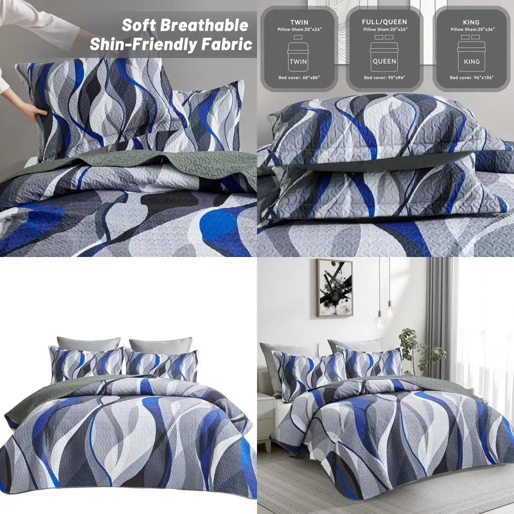 

Комплект полосатых одеял King Size — современное серо-синее и белое покрывало, легкое покрывало с 2 шамами, 96x106 дюймов