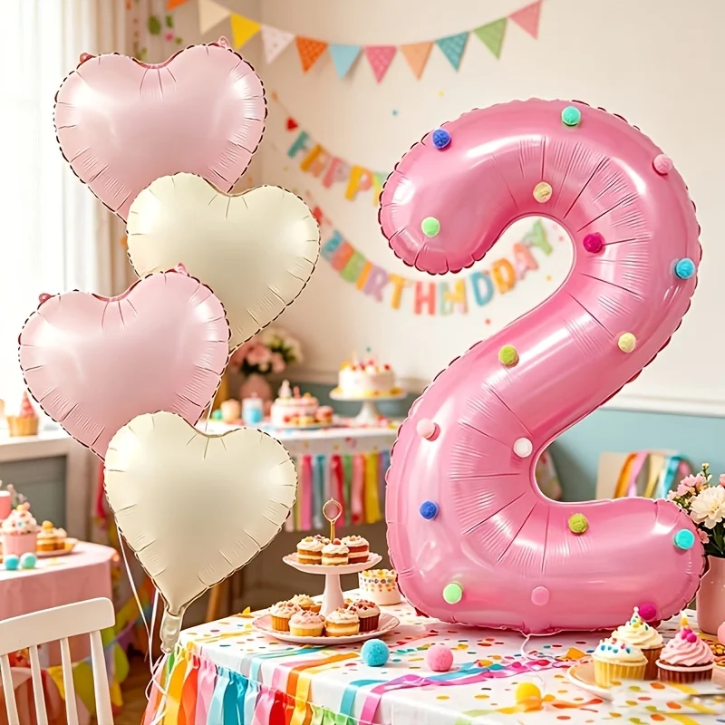 29PCS Large Pearlescent Pink Number Heart Balloon Set 40-Inch Numbers (0-9 Optional) 18-Inch Pink White Heart Foil Balloons