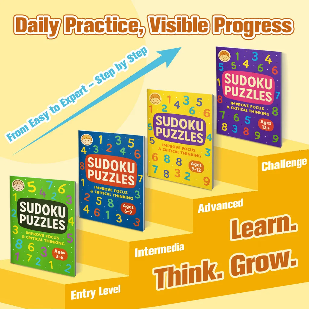 Children’s Sudoku,15th Edition 4-Book Progressive Set (Beginner→Challenge) |Children’s Sudoku Puzzle Books—Logic, Brain-Training
