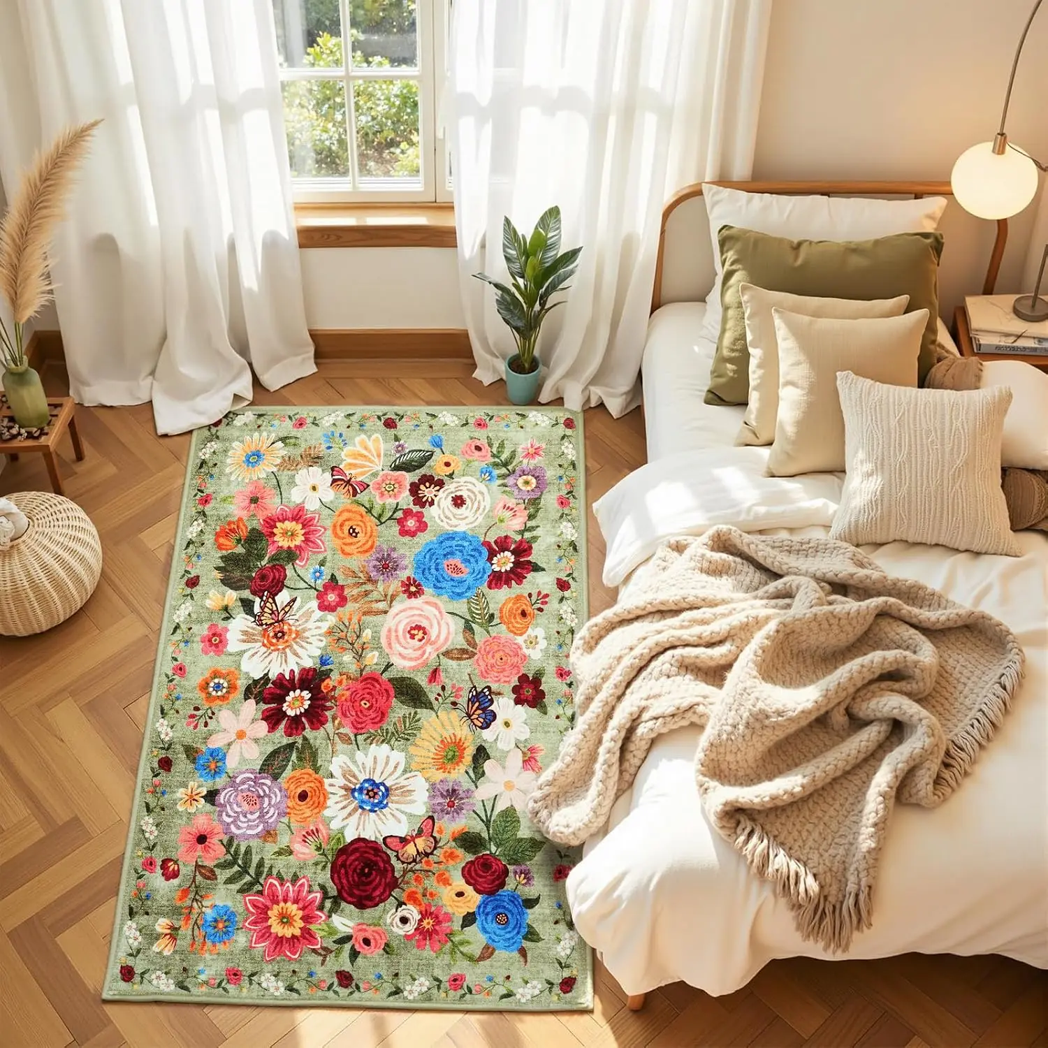 Green Floral Washable Rug, Non-Slip Soft Ultra-Thin Carpet, Stain Resistant Mat for Bedroom Entryway Dorm